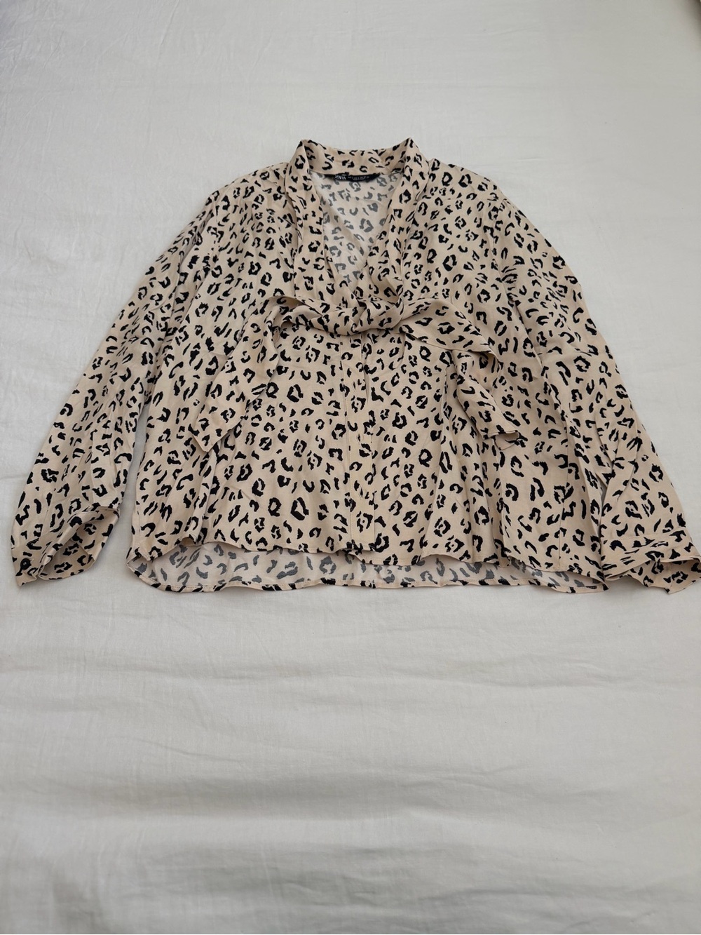 Zara Beige and Black Leopard-Print V-Neck Blouse